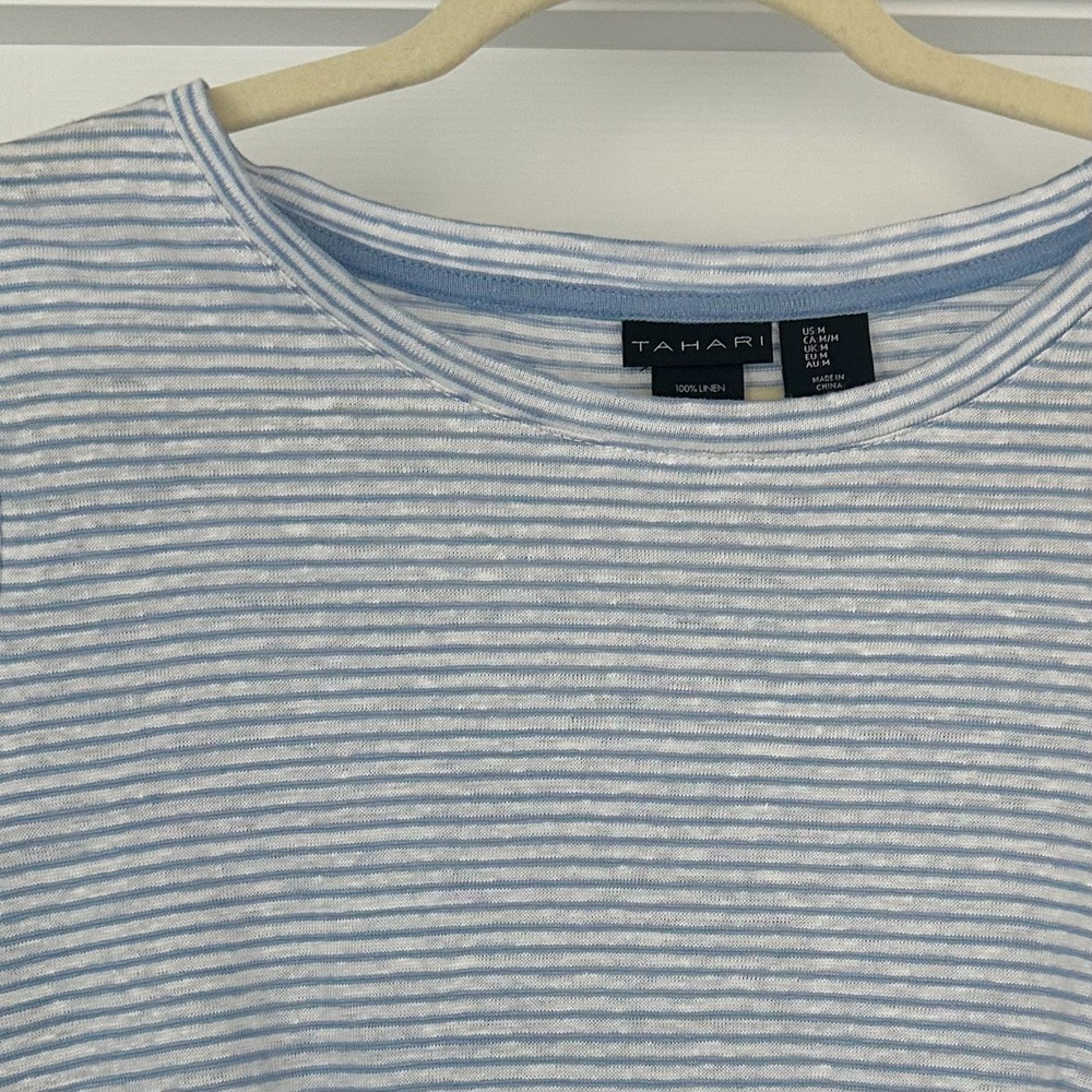 Tahari Blue White 100% Linen Striped Knot Twist Front Tee Size Medium - Picture 2 of 10